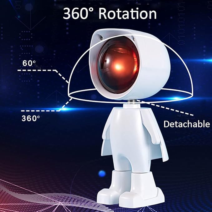 White Mini Robot Sunset Projector Light with a detachable red eye on a dark background with technical illustrations.