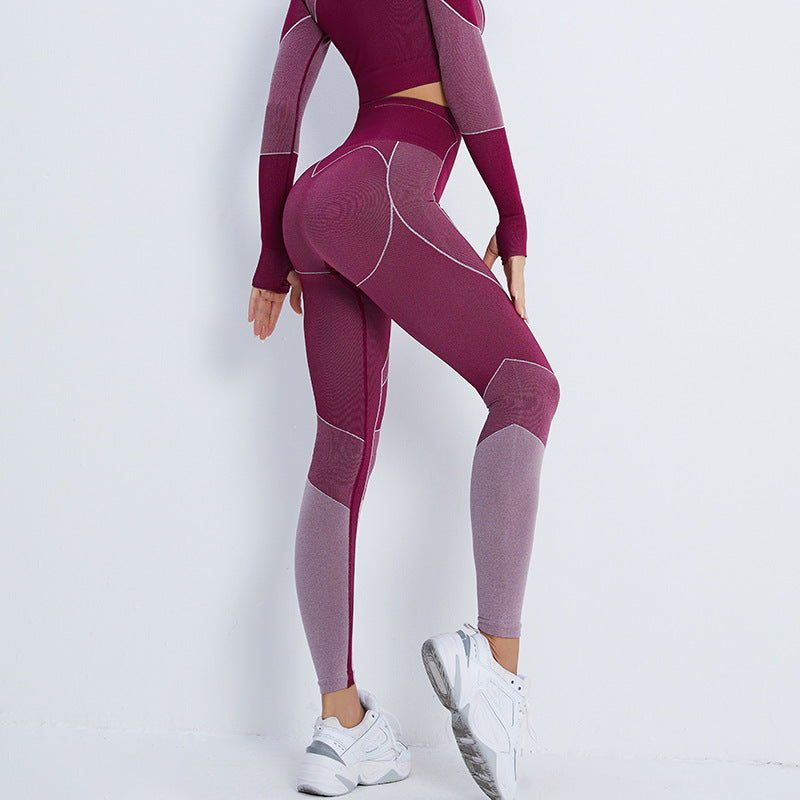 European and American cross-border new fitness suit navel exposed long-sleeved sports T-shirt peach hip-lifting high-waisted tight yoga trousers