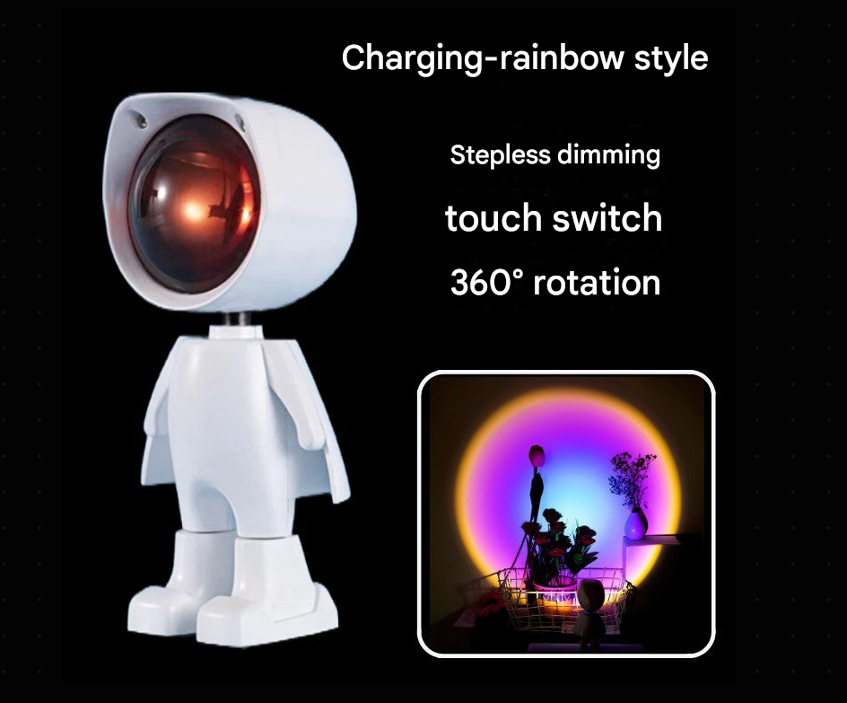A Mini Robot Sunset Projector Light with a cute robot design, charging-rainbow style