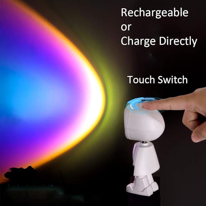 Mini Robot Sunset Projector Light with colorful light projector with a touch switch on a dark background