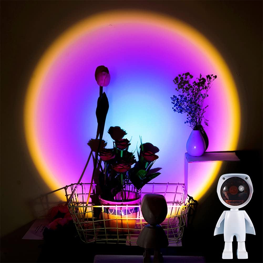 Room interior with a glowing circular light, flowers, and a Mini Robot Sunset Projector Light.