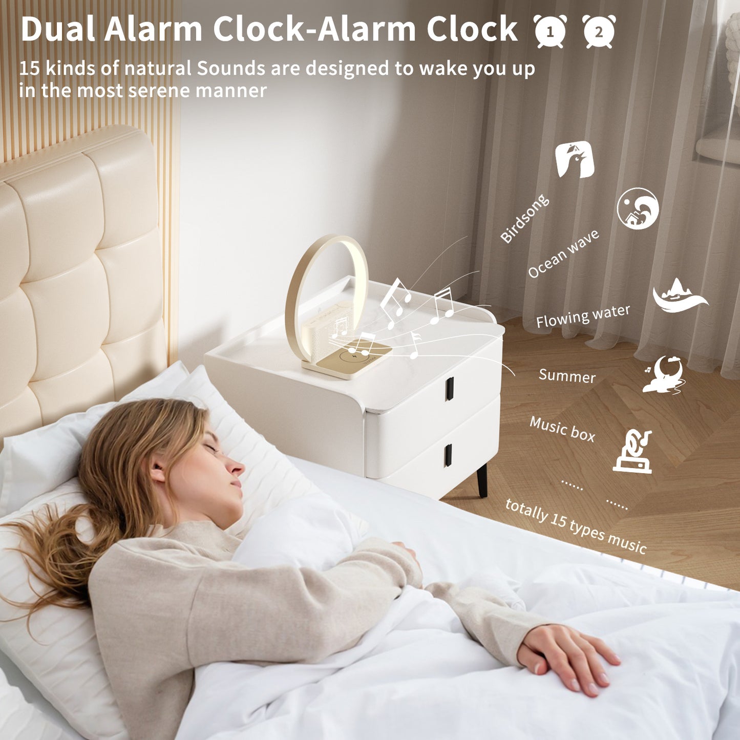 AJ310B bedside lamp dual alarm clock 10W wireless charging natural sound wake-up light three-speed touch night light reading protection