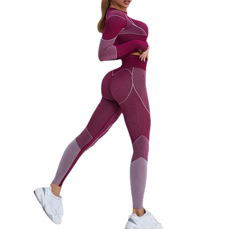 European and American cross-border new fitness suit navel exposed long-sleeved sports T-shirt peach hip-lifting high-waisted tight yoga trousers