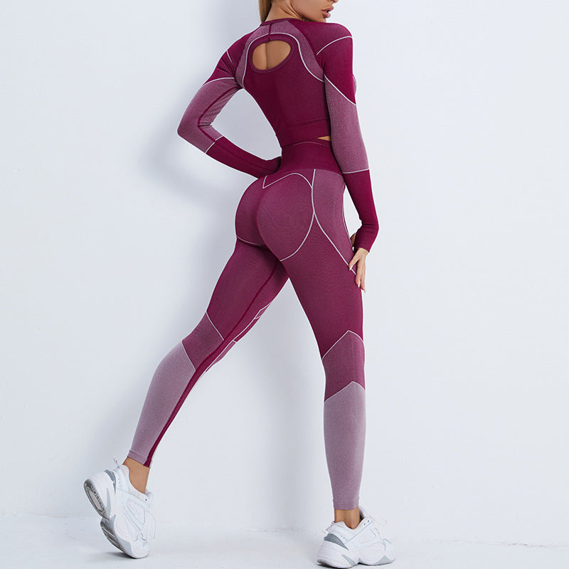 European and American cross-border new fitness suit navel exposed long-sleeved sports T-shirt peach hip-lifting high-waisted tight yoga trousers
