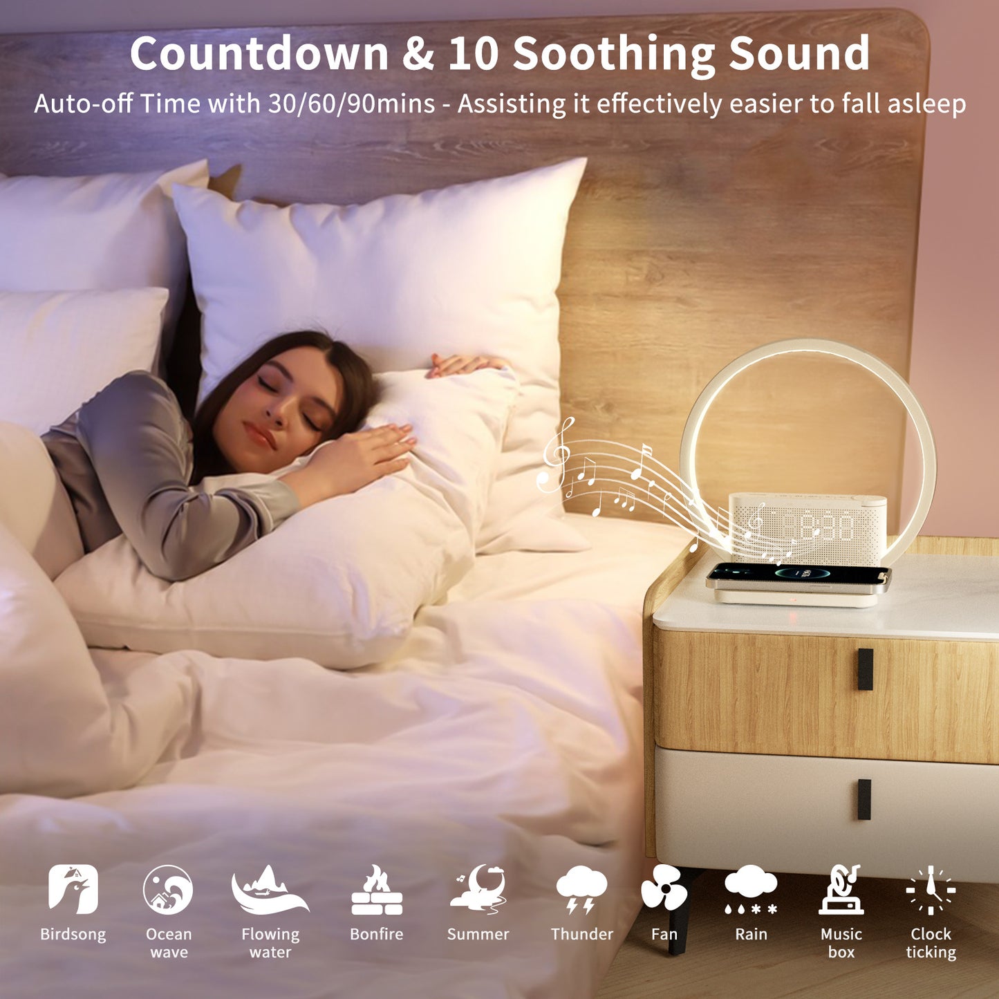 AJ310B bedside lamp dual alarm clock 10W wireless charging natural sound wake-up light three-speed touch night light reading protection