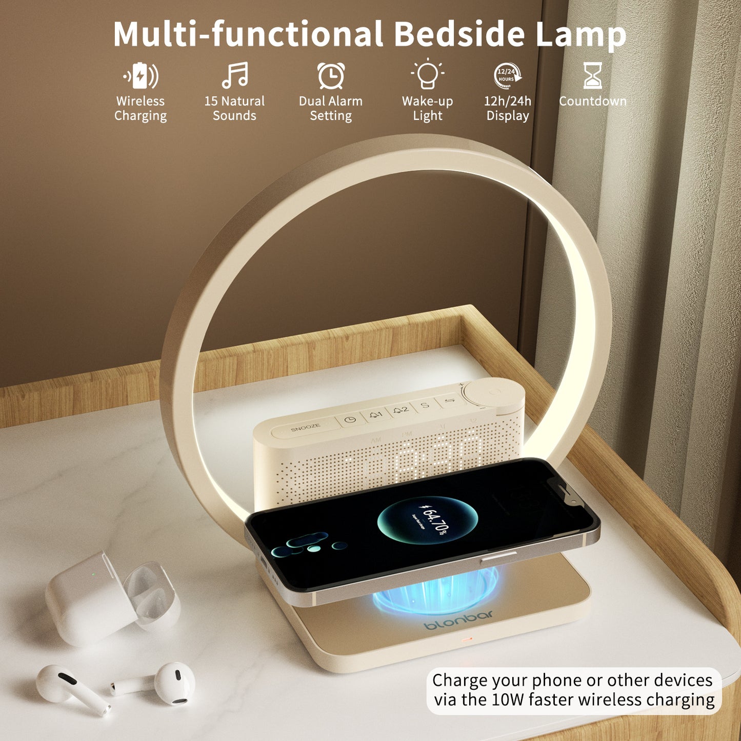 AJ310B bedside lamp dual alarm clock 10W wireless charging natural sound wake-up light three-speed touch night light reading protection