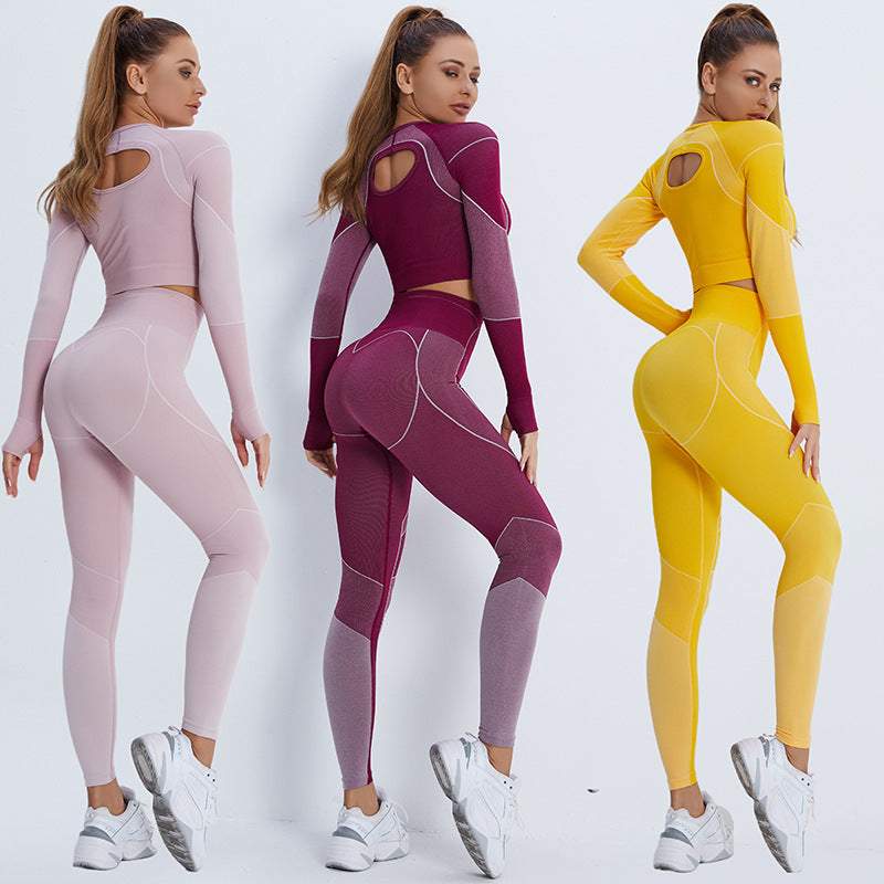 European and American cross-border new fitness suit navel exposed long-sleeved sports T-shirt peach hip-lifting high-waisted tight yoga trousers