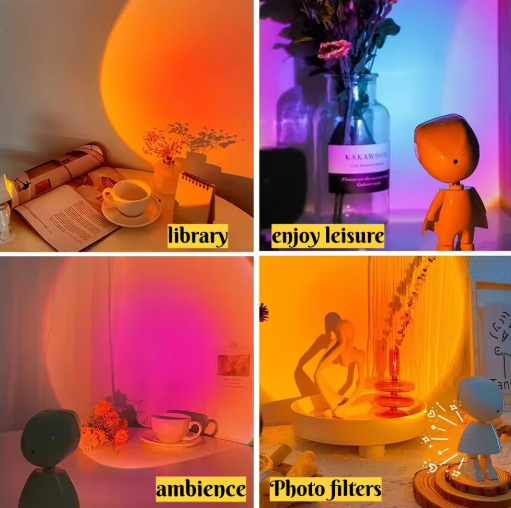 Mini Robot Sunset Projector Light Collage of four images with different lighting effects and text labels.