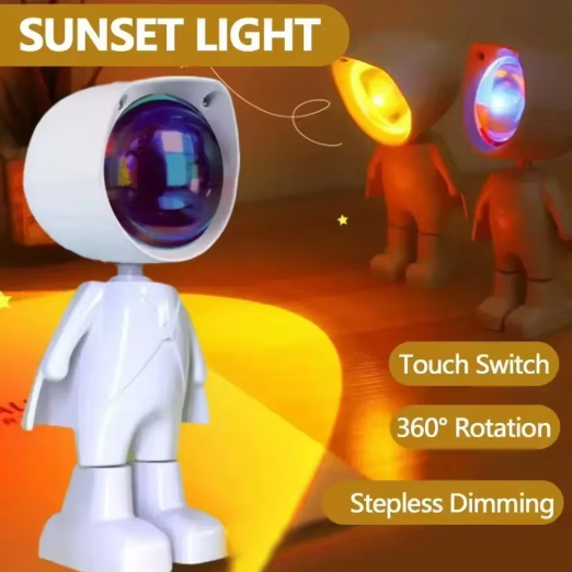 Toy robot with colorful lights and text indicating features like touch switch, 360° rotation, and stepless dimming.