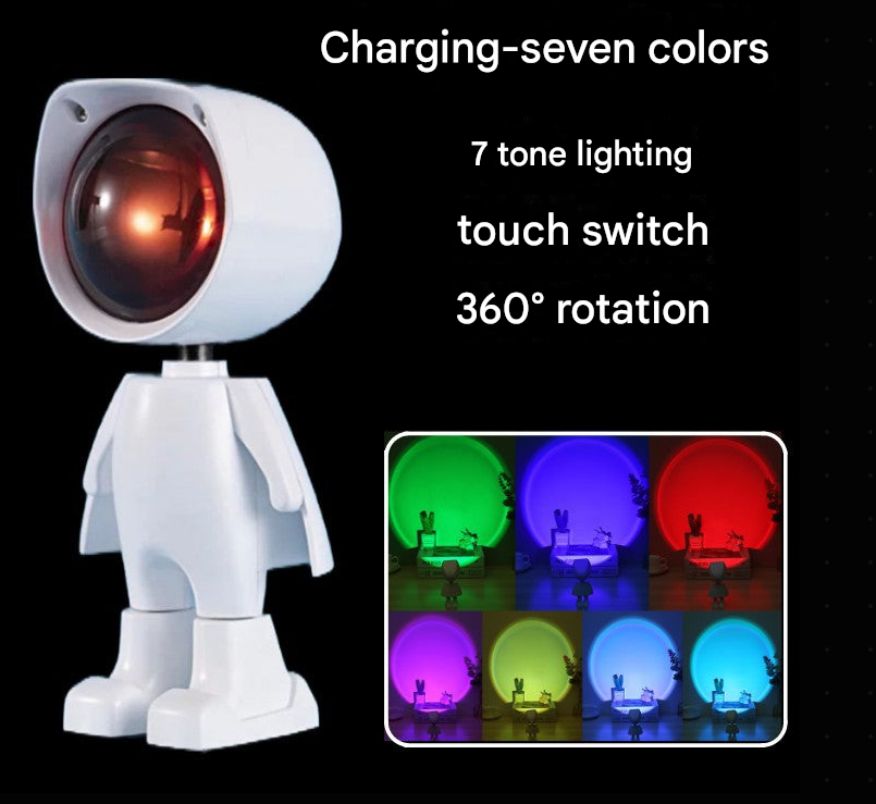 A Mini Robot Sunset Projector Light with a cute robot design, charging-seven colors