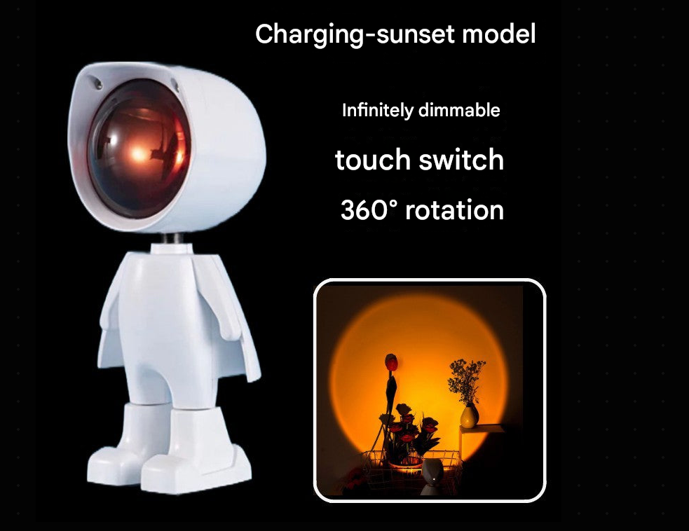A Mini Robot Sunset Projector Light with a cute robot design, emitting a warm, sunset-like glow.